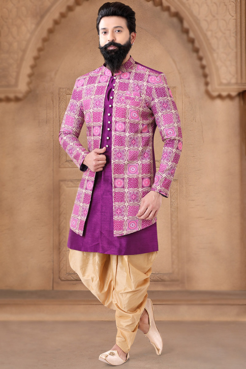 Purple Silk Printed Jacket Style Men's Sherwani