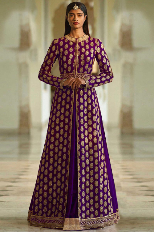 Purple Silk Jacket Style Lehenga With Zari Work