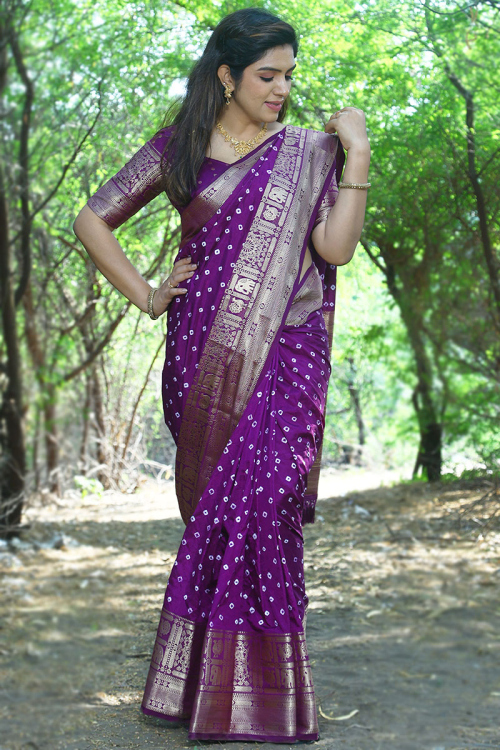 Purple Silk Woven Zari Saree with Broad Borders