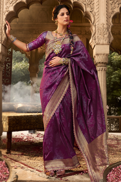 Purple Soft Silk Saree With Weaved Work For Festival