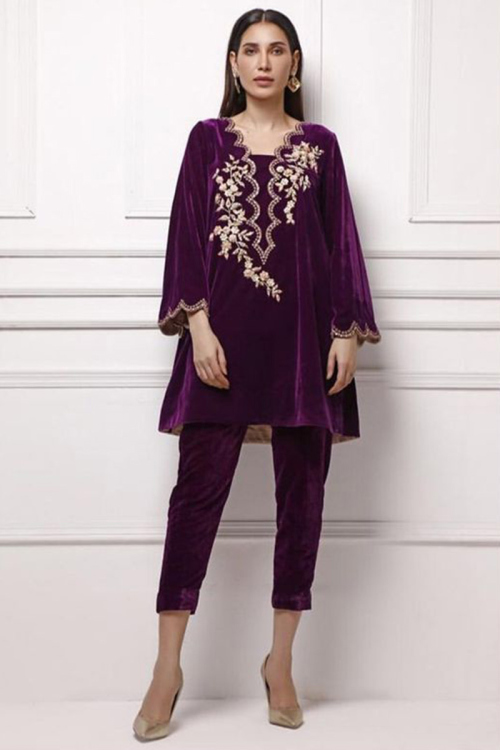 Purple Velvet Embroidered Party Wear Pakistani Trouser Suit