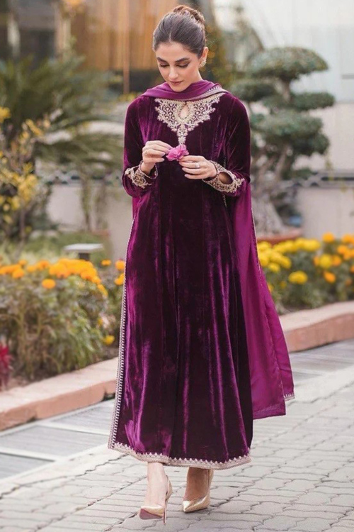 Purple Velvet Embroidered Straight Cut Wedding Palazzo Suit