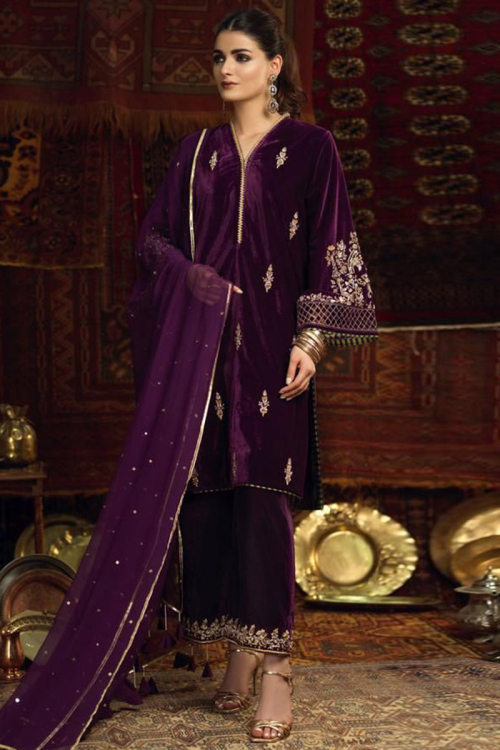 Purple Velvet Embroidered Pakistani Trouser Suit
