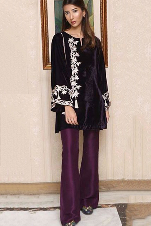 Purple Velvet Straight Cut Pakistani Trouser Salwar Suit