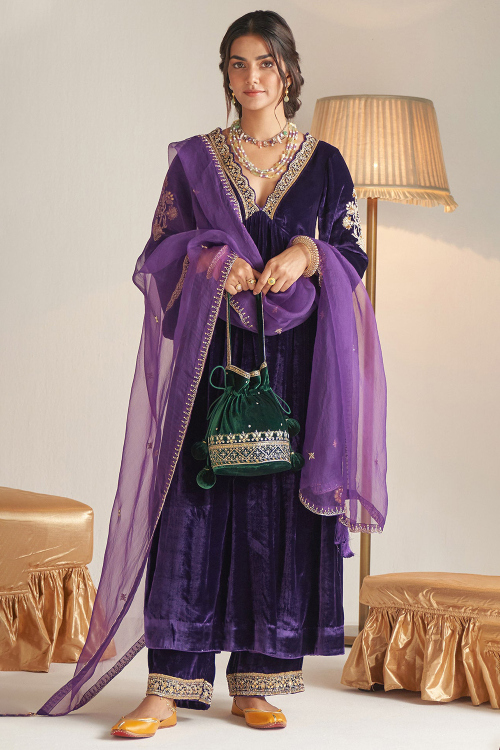 Purple Velvet Trouser Suit with Gota Patti Work for Wedding Wear