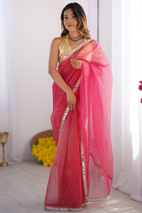 Rani Pink Net Embroidered Saree With Halter Neck Blouse