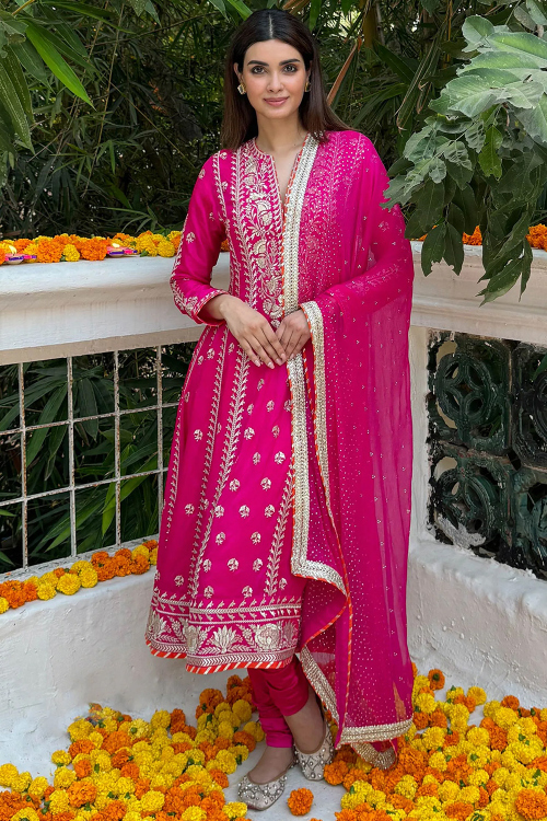 Rani Pink Tussar Silk Embroidered Anarkali Style Churidar Suit 