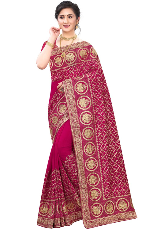 Rani Pink Zardosi And Stone Work Silk Saree