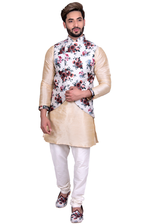 Raw Silk Beige Kurta Pajama With Waist Coat
