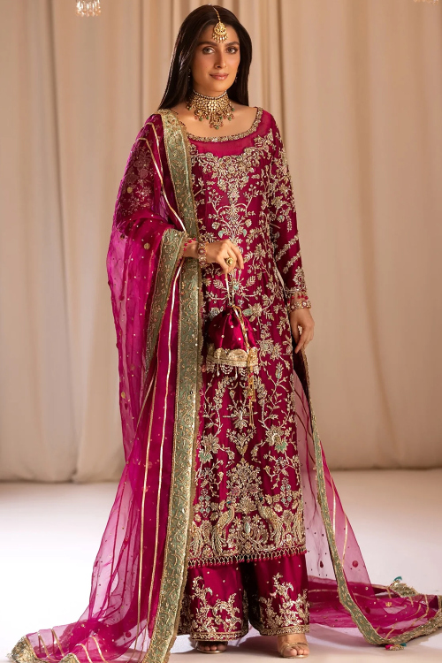 Raw Silk Rani Pink Zari Embroidered Straight Cut Palazzo Suit 