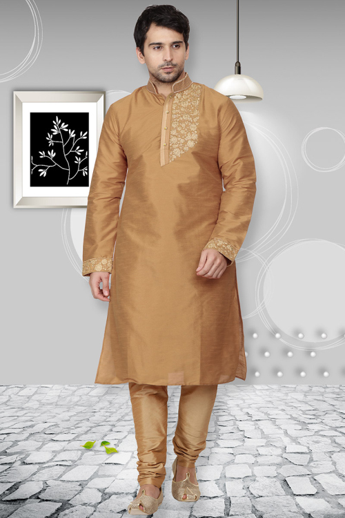 Silk Ready Made Kurta Pajama In Chiku Colour