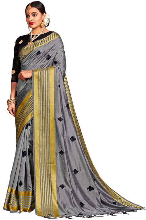 Silk Saree With Blouse In Light Grey Color