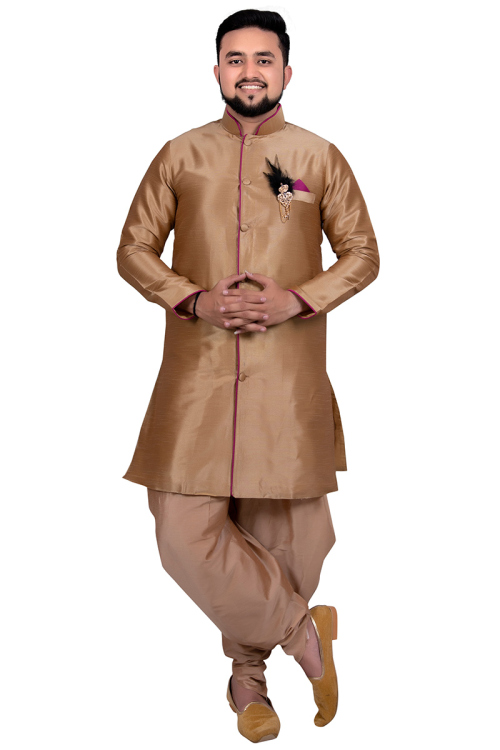 Raw Silk Sherwani In Golden Colour For Men