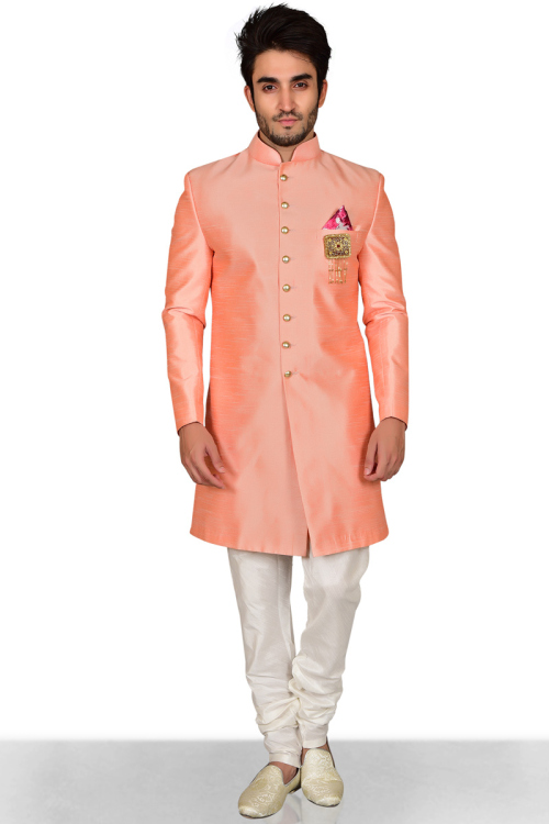 Raw Silk Sherwani In Peach Colour For Men