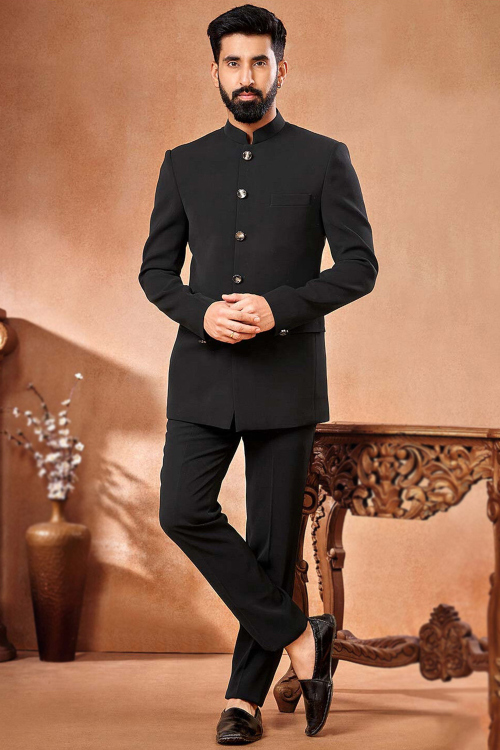 Rayon Black Plain Jodhpuri Style Men's Suit