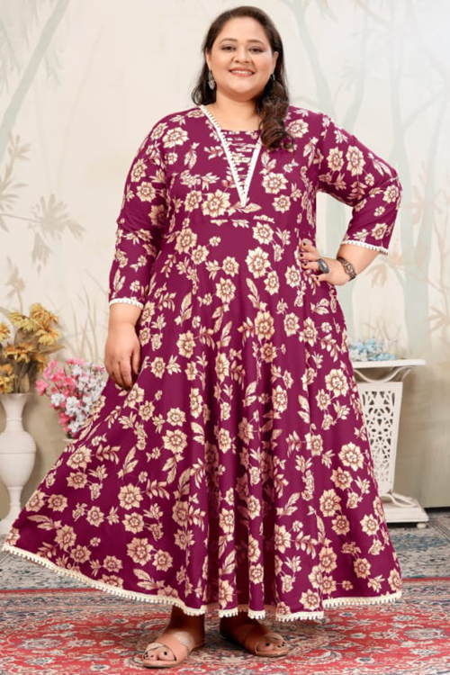 Rayon Burgundy Maroon A-Line Kurti with Printed Work for Navratri