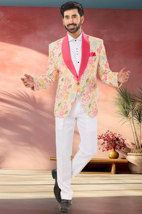 Rayon Light Beige Blazer Suit with Sequins Work 