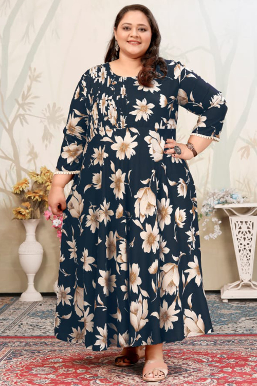 Rayon Prussian Blue A-Line Kurti with Printed Work for Navratri