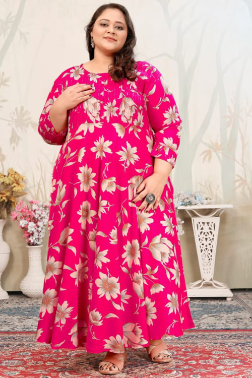 Rayon Ruby Pink A-Line Kurti with Printed Work for Navratri