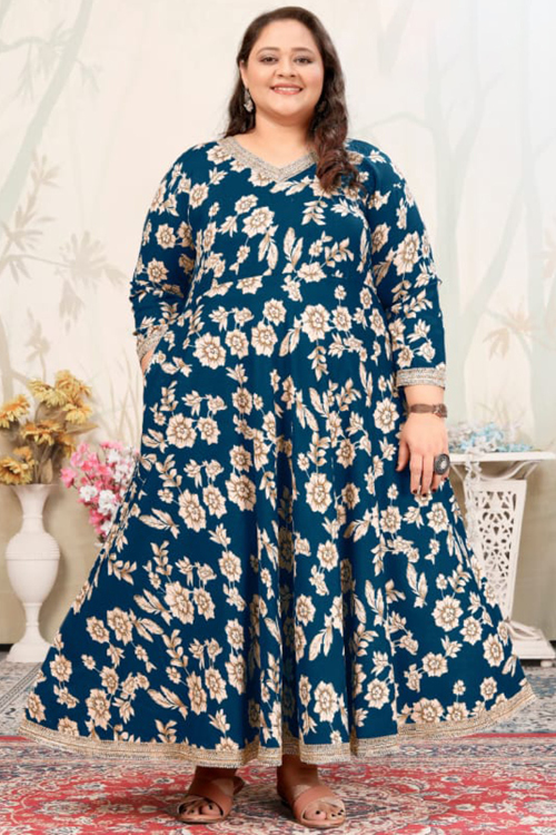 Rayon Teal Blue A-Line Kurti with Sequins Work for Navratri