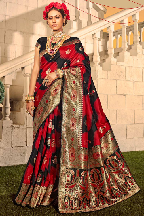 Red And Black Banarasi Silk Woven Zari Saree