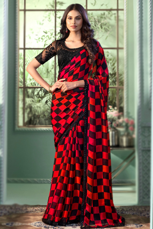 Red And Black Lace Embroidered Chiffon Lightweight Saree 