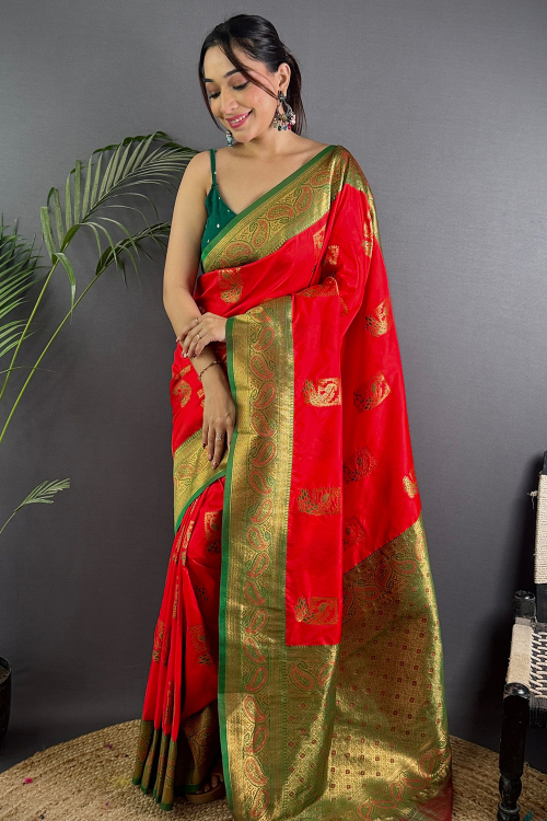 Red Art Silk Broad Border Saree With Weaved Work