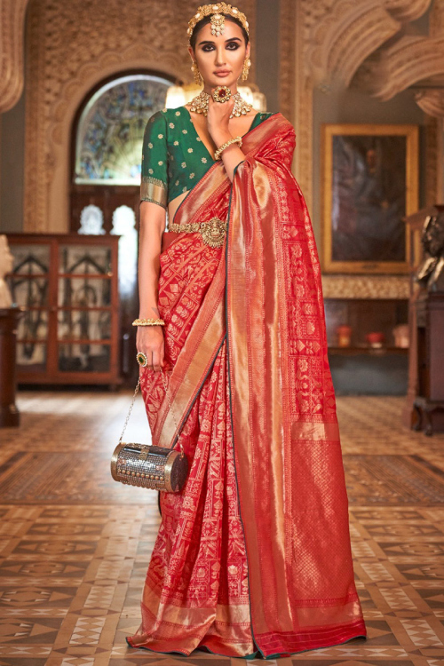 Red Banarasi Silk Weaved Zari Broad Border Saree 