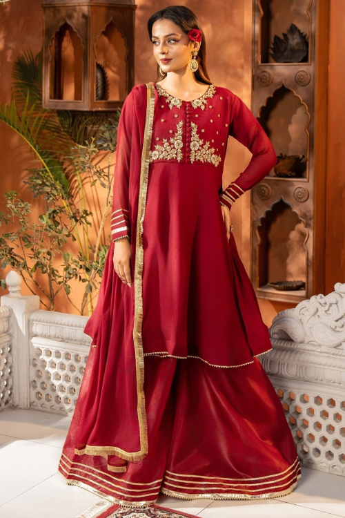 Red Chiffon Bridal Sharara Salwar Suit with Zardosi Work For Wedding