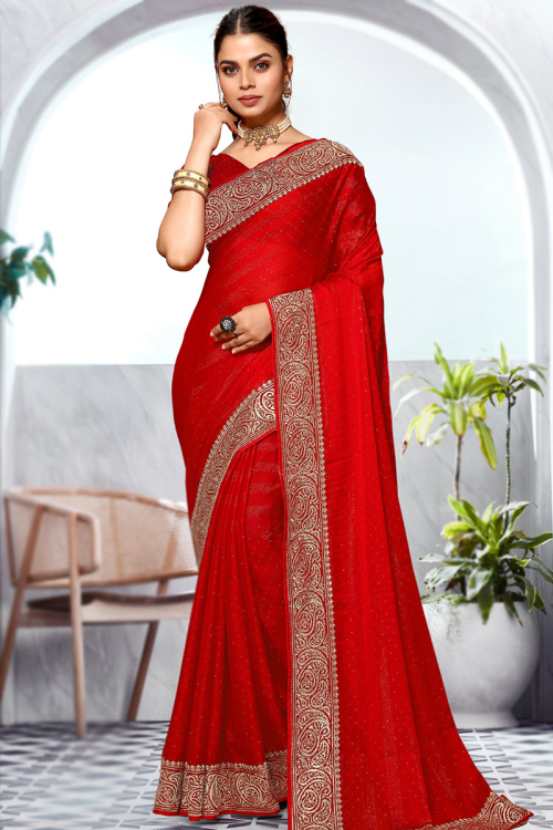 Red Chiffon Zari Embroidered Shimmer Saree