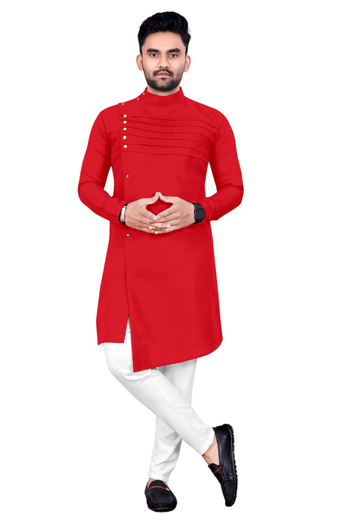 Red Cotton Silk Plain Assymetrical Men's Kurta Pajama