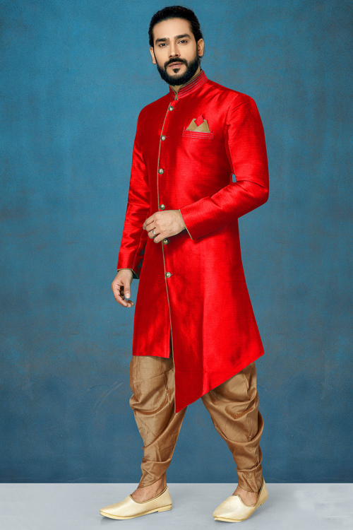 Red Dupion Silk Resham Thread Sherwani With Dhoti Pants