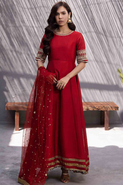 Red Georgette Anarkali Pakistani Churidar Suit With Net Dupatta