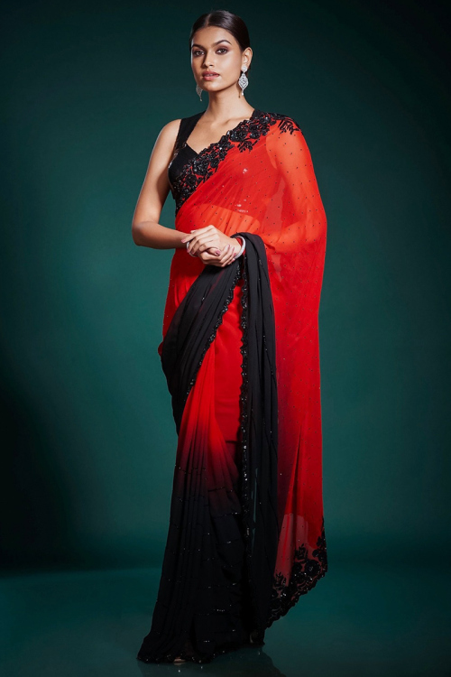 Red Georgette Embroidered Party Wear Ombre Saree 
