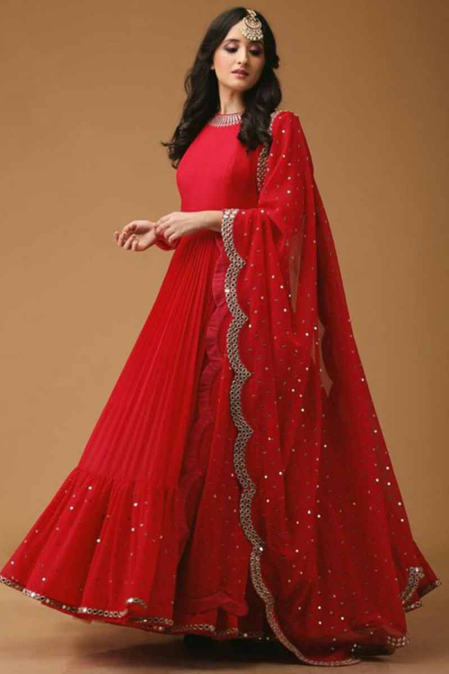 Red Georgette Floor Length Wedding Wear Anarkali Suit for Wedding & Party
