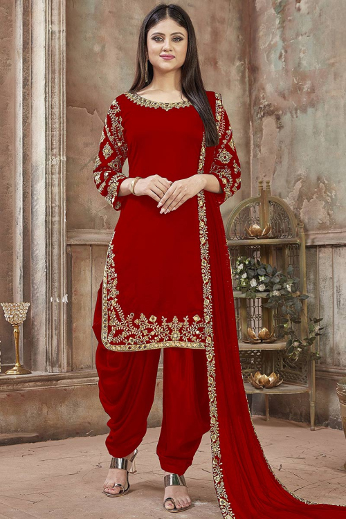 Red Silk Straight Cut Patiala Suit
