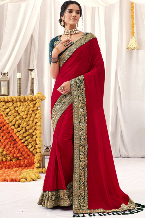 Wedding Wear Lace Embroidered Saree in Silk Red
