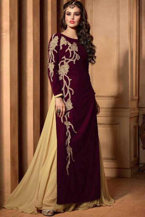 Maroon Georgette Straight Kameez With Georgette Lehenga
