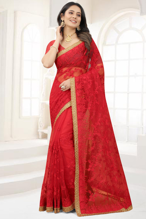 Red Net Saree for Party Wear with Thread embroidery