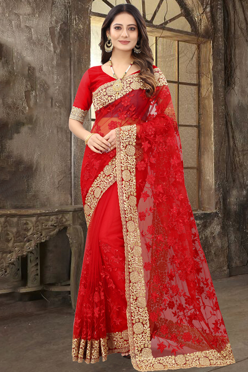 Red Net Saree With Zari Work For Festival