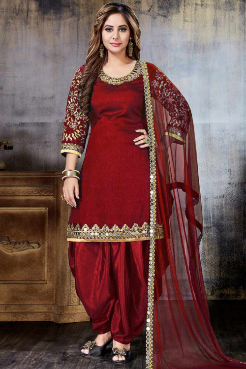 Gorgeous Berry Red Art Silk Patiala Suits With Work