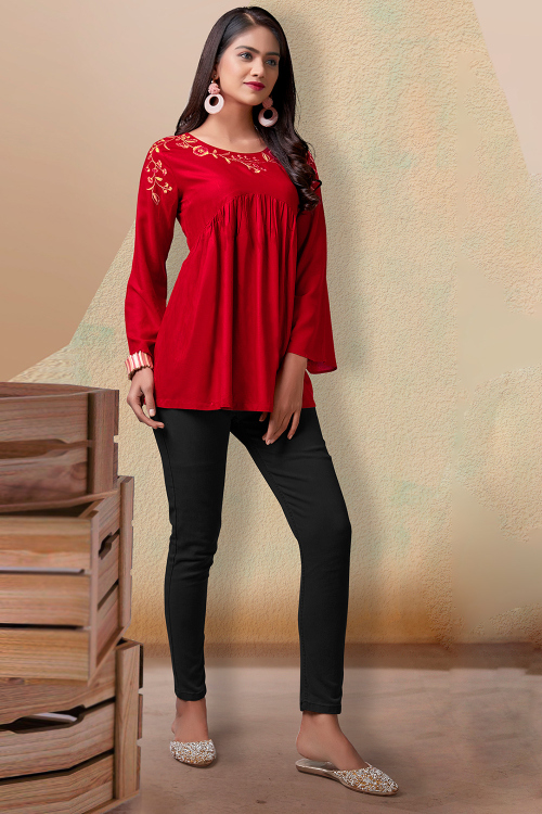 Red Rayon Embroidered Frock Style Short Kurti