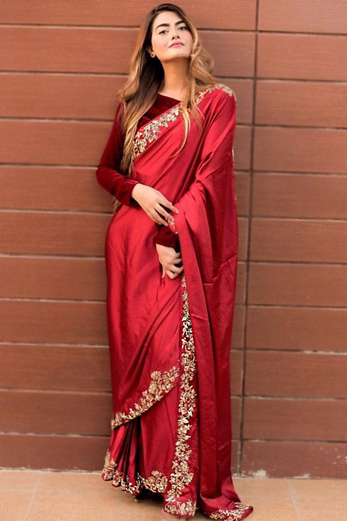 Red Satin Party Wear Pakistani Saree