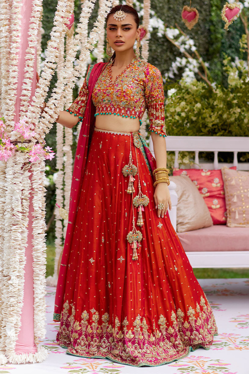 Red Silk Dori Embroidered A Line Lehenga