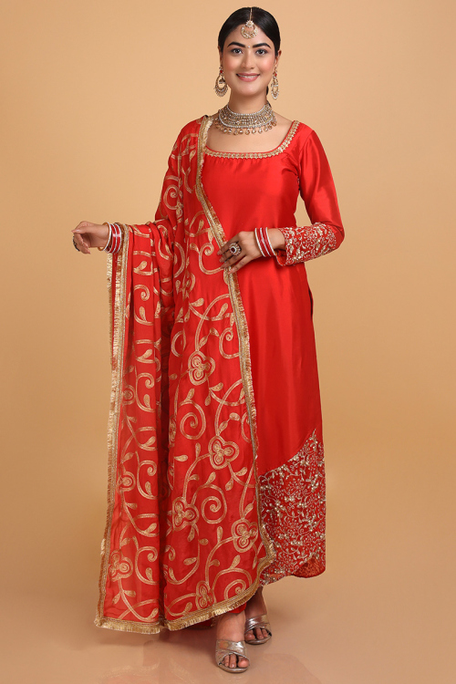 Red Silk Embroidered Straight Pant Suit for Wedding & Party