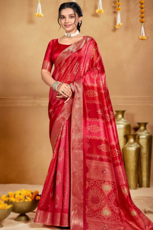 Red Soft Silk Weaved Broad Border Saree 