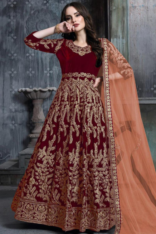Red Velvet Embroidered Anarkali with Churidar Party Wear Salwar Kameez