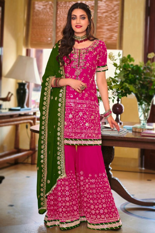 Hot Pink Georgette Resham & Zari Embroidery Sharara Salwar Suit for Party Wear
