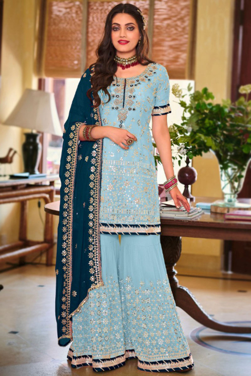 Resham And Zari Embroidered Georgette Sky Blue Sharara Suit