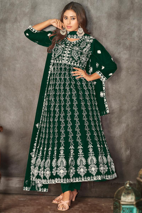 Resham Embroidered Dark Green Net Anarkali Suit